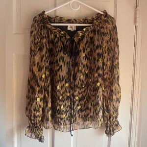 Milly 70% Silk Black and Yellow Blouse with Ruffle Sleeves